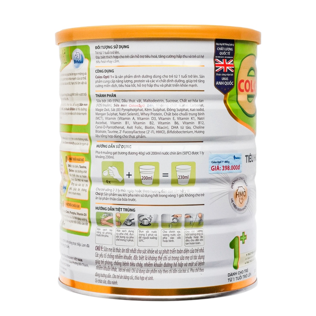 Sữa bột Vitadairy Colos Opti số 1+ hộp 800g tiêu hóa tốt, hô hấp khỏe,phát triển não bộ, chiều cao (1 tuổi trở lên)