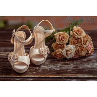 Giày cưới Nghé Art cao gót đính hoa lụa 283-203-12p-da
