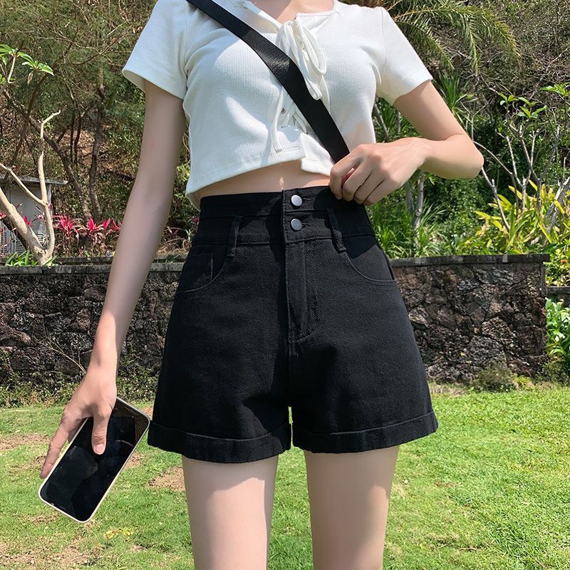 Quần Short Jean Cạp Cao Gấp Gấu Ống Suông Cá Tính_Q1