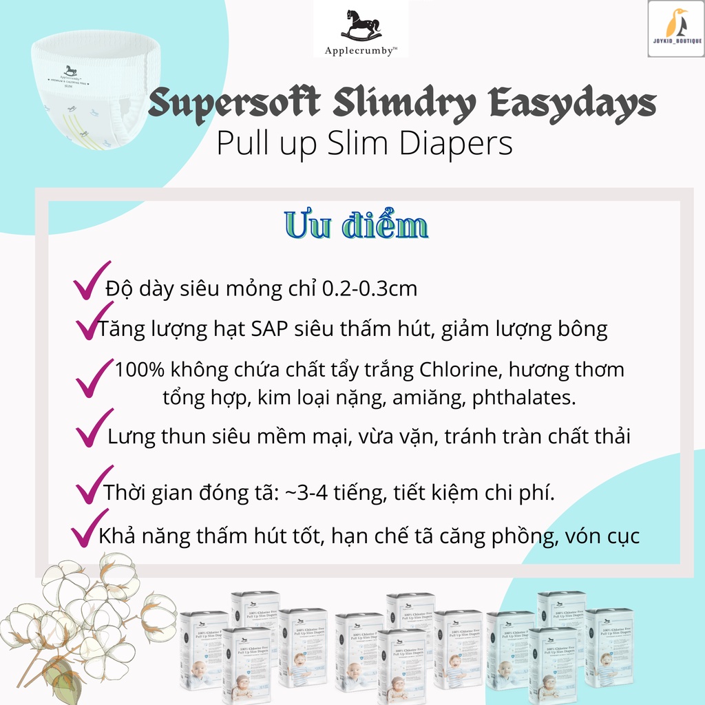 Tã/bỉm dán/quần Applecrumby Supersoft SlimDry Easydays Tape/Pull up Diapers S16/M15/L14/XL13/XXL12