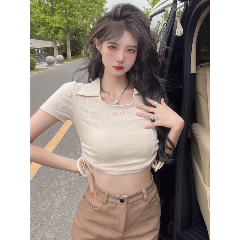Áo croptop dệt kim QKOOLE tay ngắn dáng ôm phong cách Hàn Quốc cổ điển thời trang cho nữ