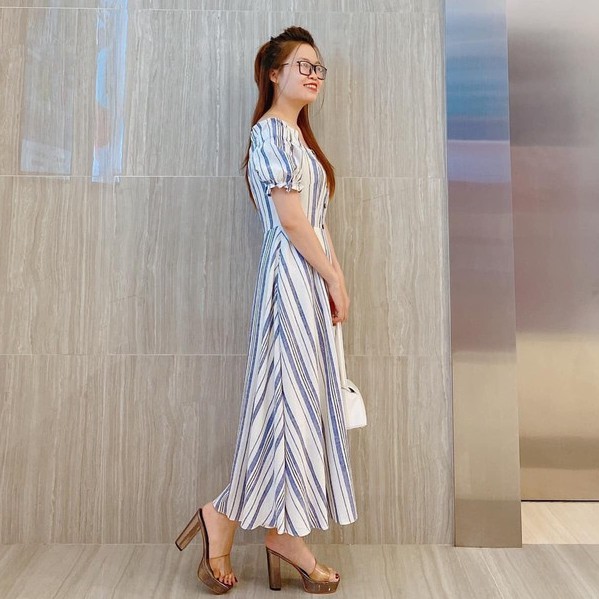 Đầm dáng xòe Emspo trễ vai kẻ sọc thời trang DM4034