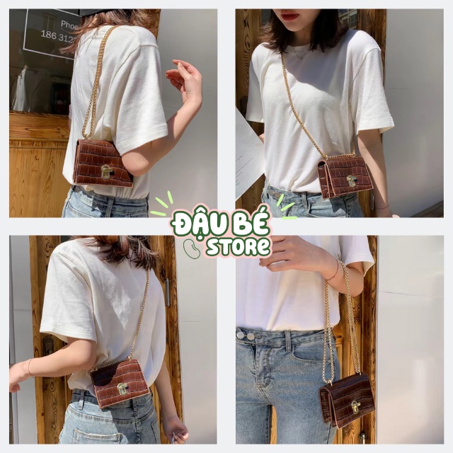 Túi Đeo Chéo Mini Chữ Nhật Trơn Phối Dây Xích Thời Trang Hàn Quốc - Túi Xách Đeo Vai Khoá Xoay Cao Cấp - Daube - Pk081