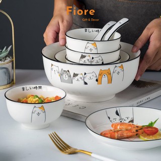 Bộ bát đĩa sứ - bộ bát 23 món họa tiết mèo xinh xắn - cho gia đình 4 người - có hộp đẹp