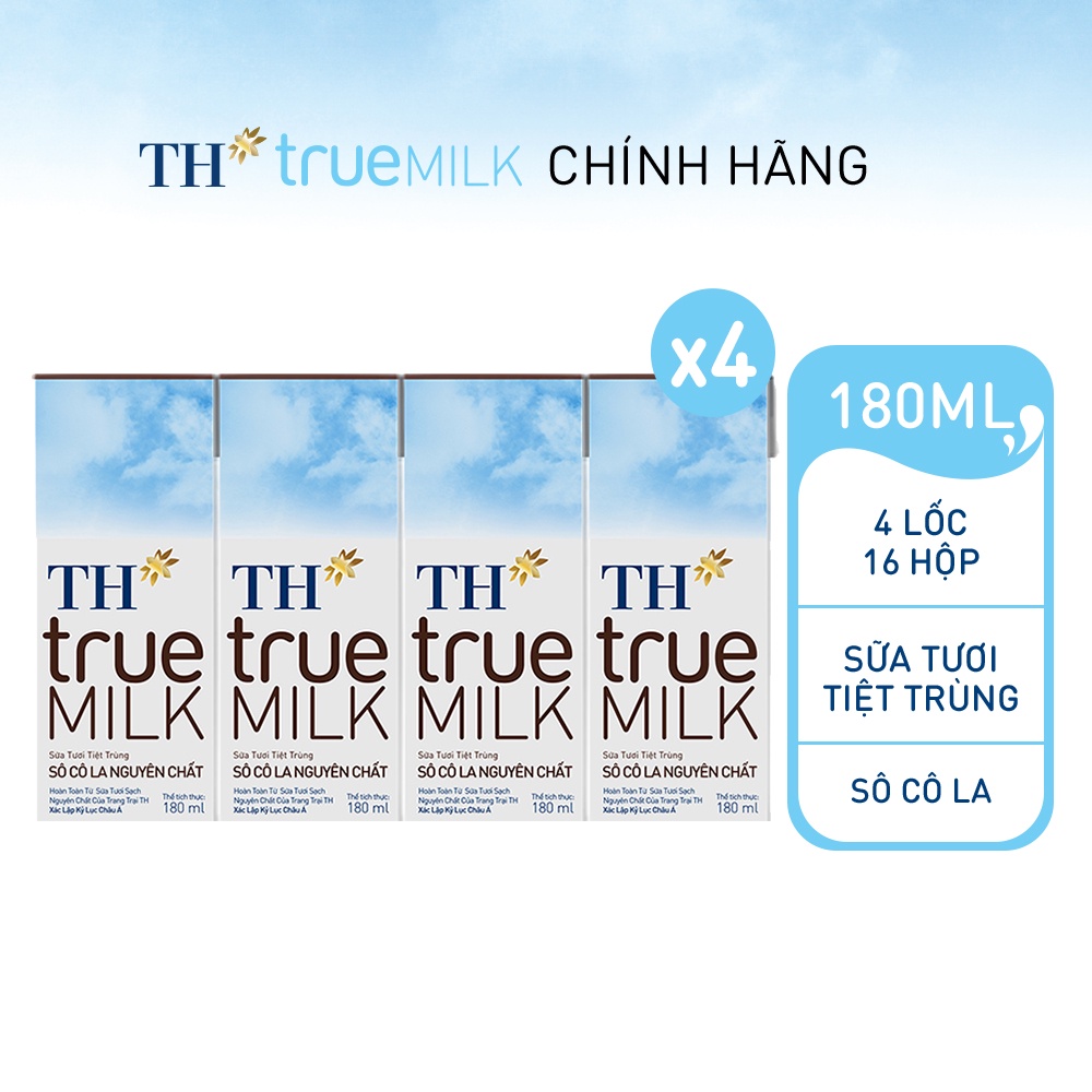 4 Lốc sữa tươi tiệt trùng sôcôla nguyên chất TH True Milk 180ml (180ml x 4 hộp)