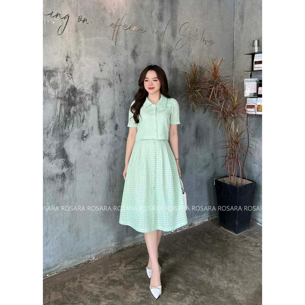 Set Áo Sơ Mi Ngắn Và Chân Váy Xanh Thời Trang Nữ Rosara SET27