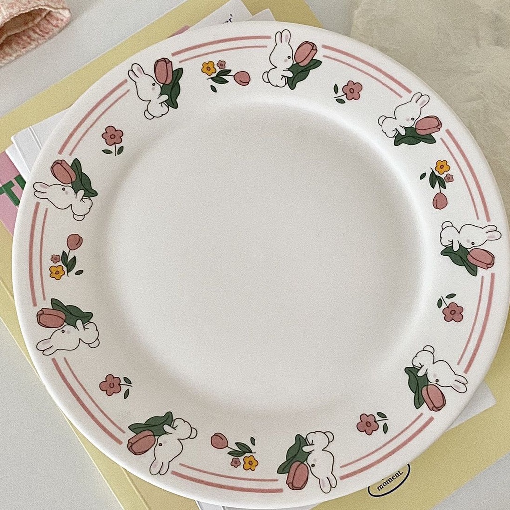 Đĩa Sứ Tròn Họa Tiết Hoa Dễ Thương Phong Cách Hàn Quốc