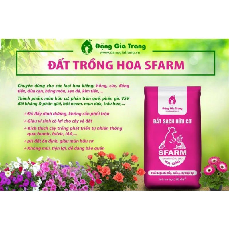 Đất sạch hữu cơ Sfarm chuyên trồng hoa &amp; kiếng 20dm3