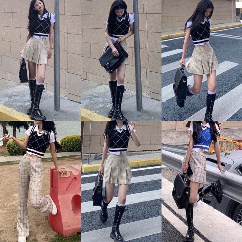 Áo Gile Len Cộc Tay Dáng Croptop Form Ôm Kẻ Vuông Nữ