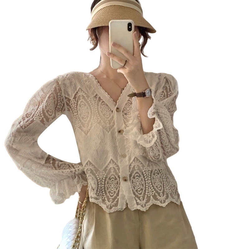 Áo Cardigan Ren Tay Dài Phồng Cổ Chữ V Phối Nút Phong Cách Pháp Thời Trang Mùa Xuân 10MK Cho Nữ