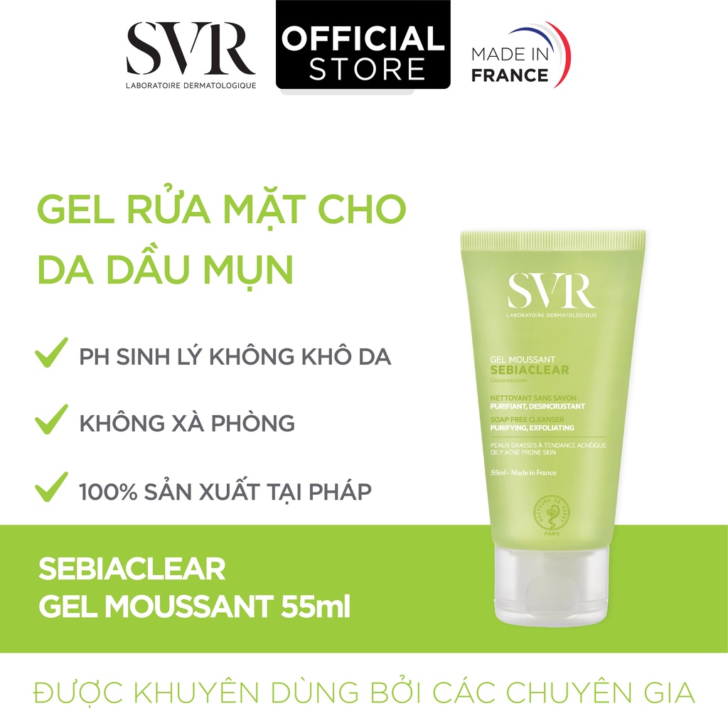 Sữa rửa mặt không có xà phòng, làm sạch và loại bỏ tế bào da chết SVR SEBIACLEAR Gel Moussant 55ml