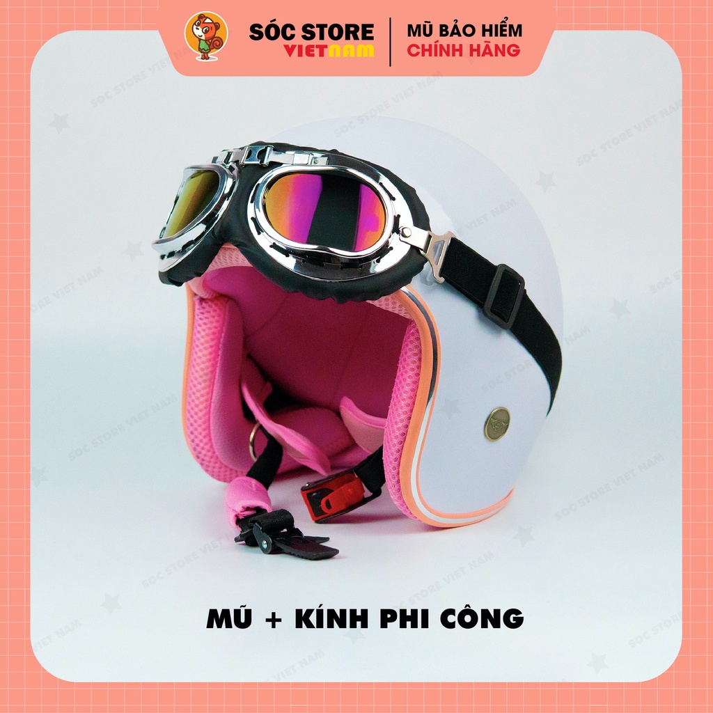 Mũ bảo hiểm 3/4 màu trắng lót hồng kèm kính phi công Sóc Store, nón bảo hiểm 3 phần 4 nam nữ freesize