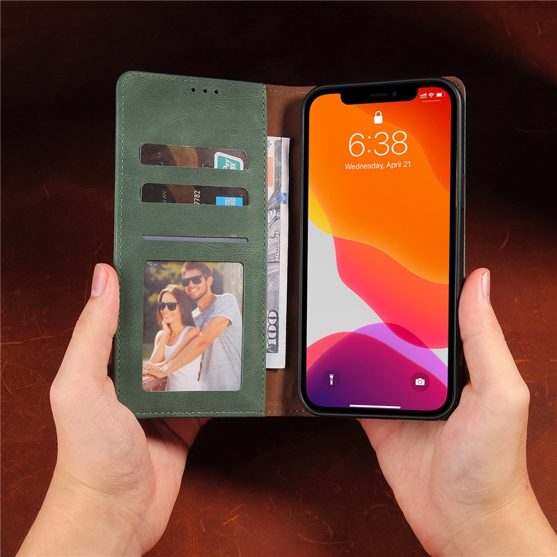 Ốp Điện Thoại Da Mềm Nắp Gập Từ Tính Màu Xanh Lá Kèm Ngăn Đựng Thẻ Cho IPhone 14 13 12 Mini 11 Pro Max Plus