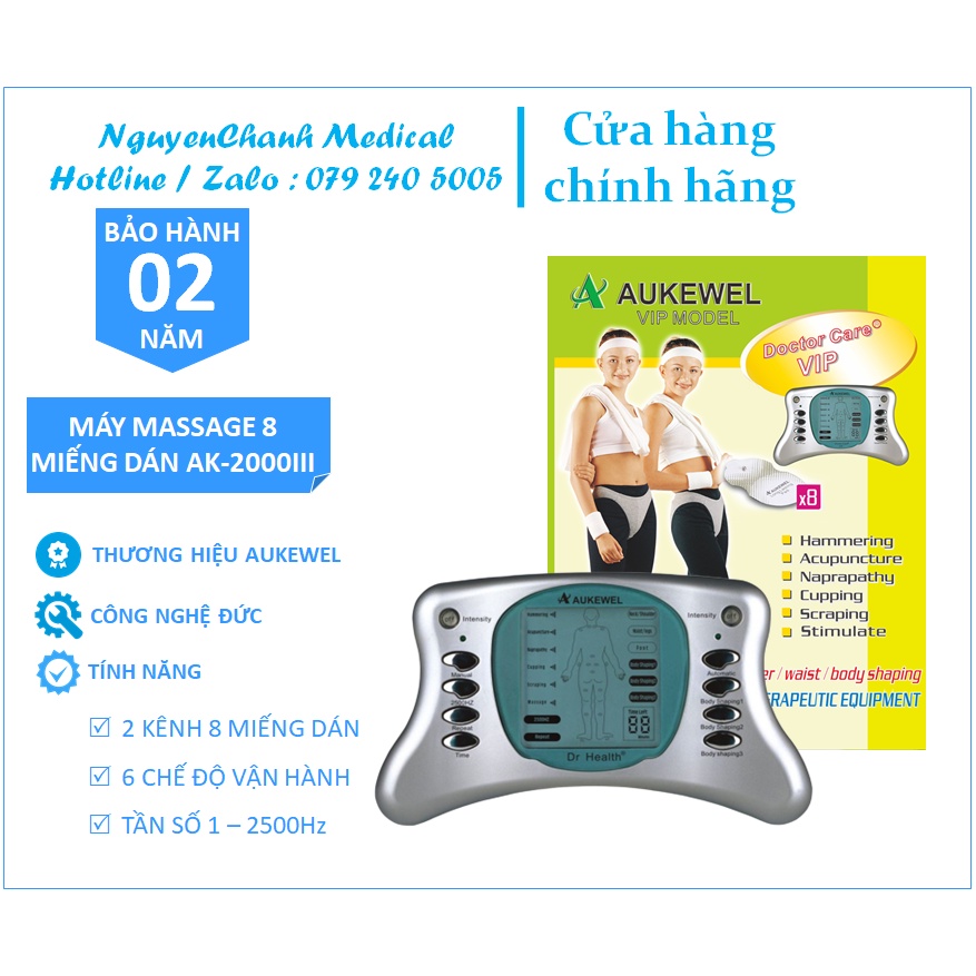 Máy massage xung điện Aukewel AK-2000 III 8 miếng dán - BẢO HÀNH 3 NĂM