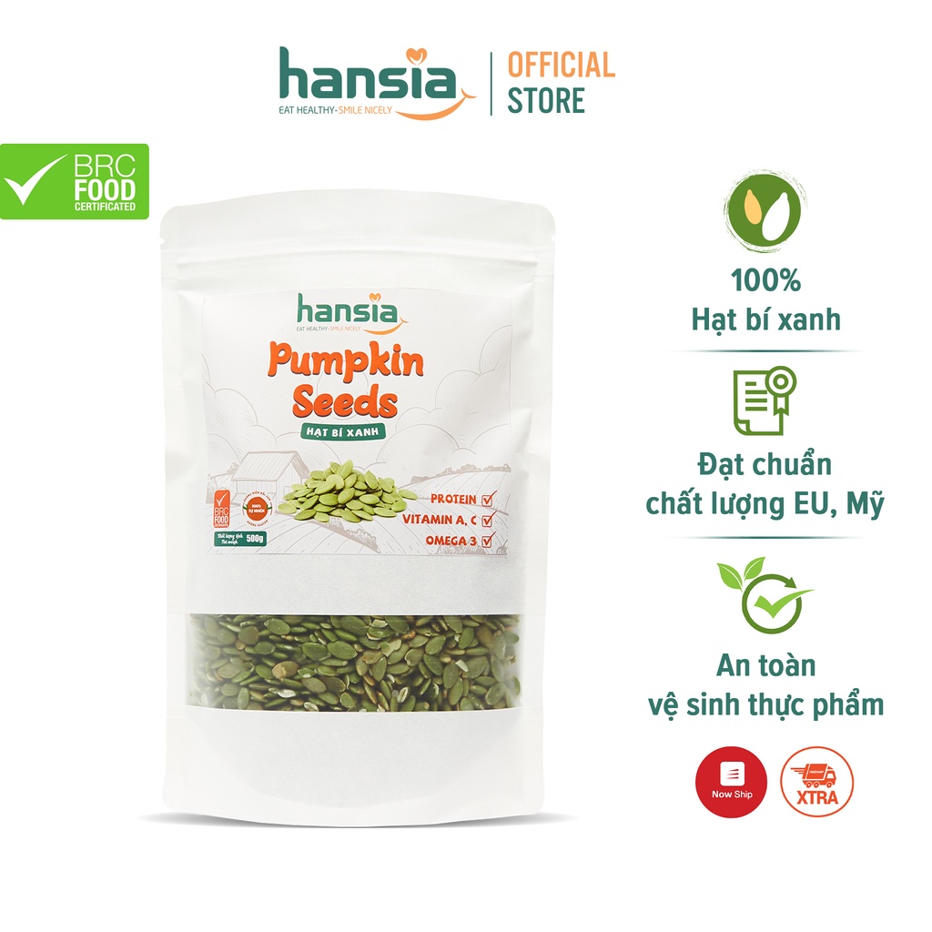 Hạt Bí Xanh Organic HANSIA Thơm Ngon, Bổ Dưỡng Chứa Nhiều Viatamin Và Khoáng Chất, Tăng Cường Sức Khỏe Túi 250g - 500g