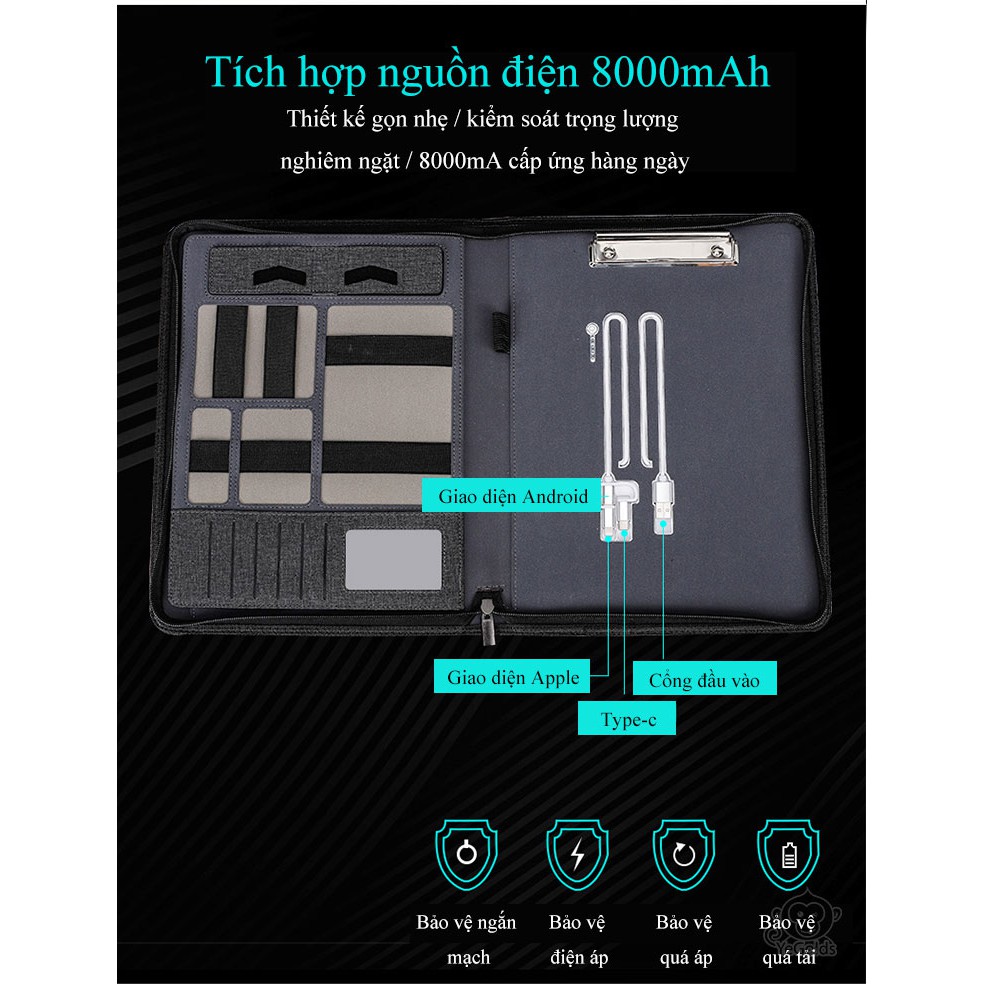 Cặp táp kẹp tài liệu khổ A4 tích hợp sạc đa năng 8000mAh AESTHETIC văn phòng da PU cao cấp - The Royal's