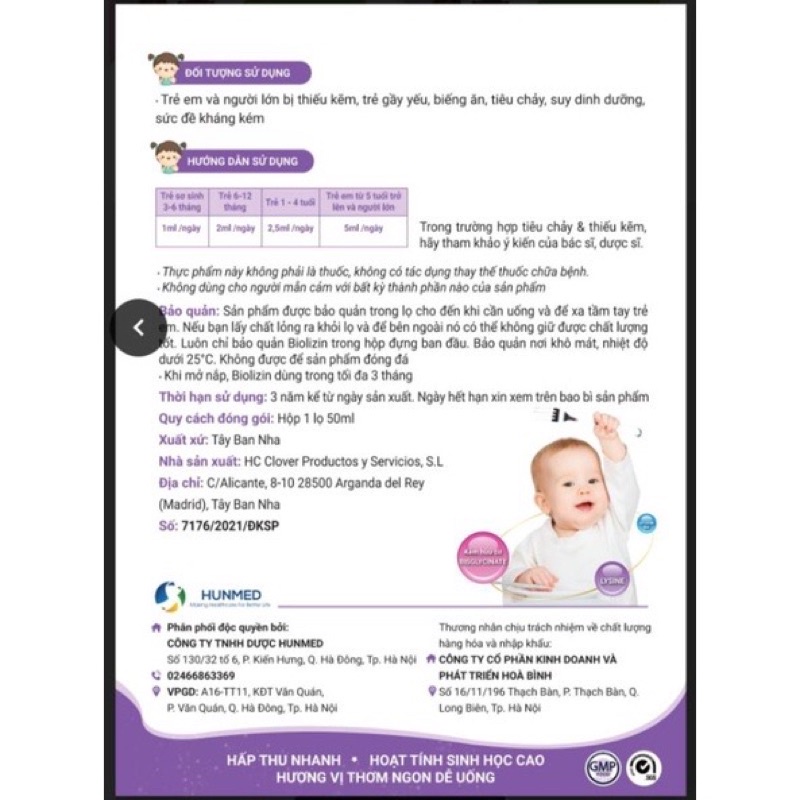 Kẽm hữu cơ Biolizin 50ml hương đào
