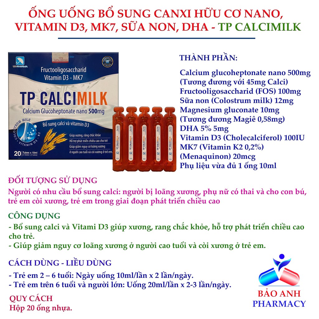 Ống bổ sung Canxi nano, canxi hữu cơ, vitamin d3 mk7, dha, sữa non giúp bé phát triển chiều cao -TP CALCI MILK Hộp 20ống