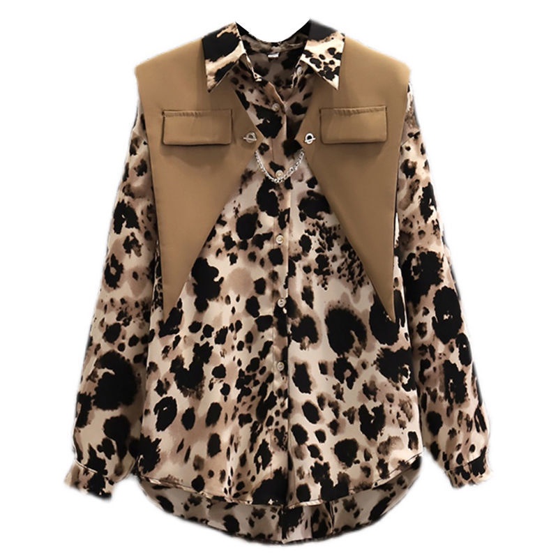 Set 2 món GAVINBROWN gồm áo sơ mi họa tiết da báo và khăn choàng vai nhỏ thời trang mùa thu size lớn cho nữ