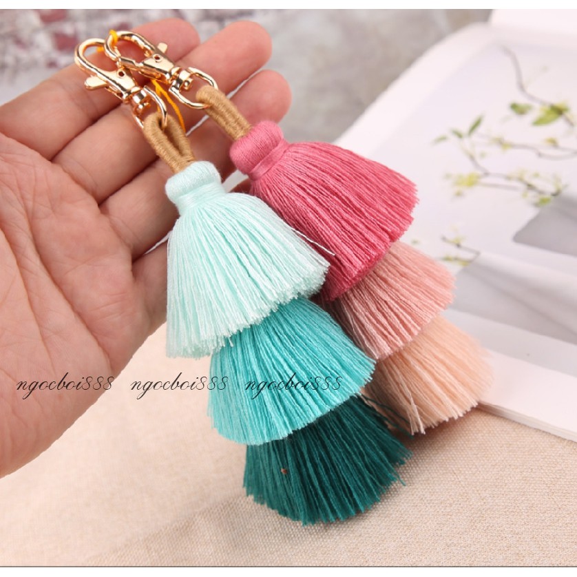 Móc Khóa Tua Rua 3 Tầng 16cm Nhiều Màu Trang Trí Chìa Khóa, Túi Xách, Balo