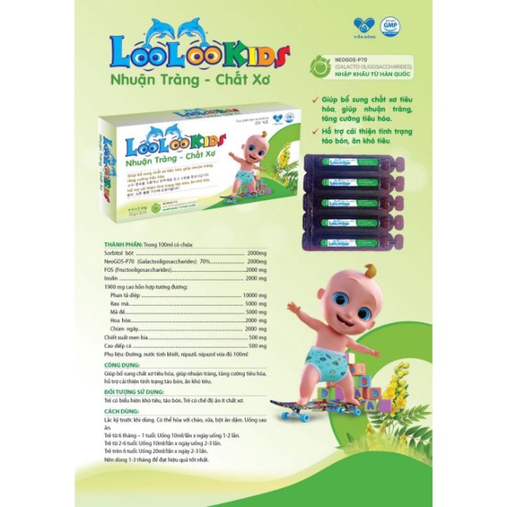 LooLooKids nhuận tràng - chất xơ hòa tan nguyên liệu nhập khẩu Hàn quốc - hỗ trợ tiêu hóa khỏe, hấp thu tốt, hộp 20 ống