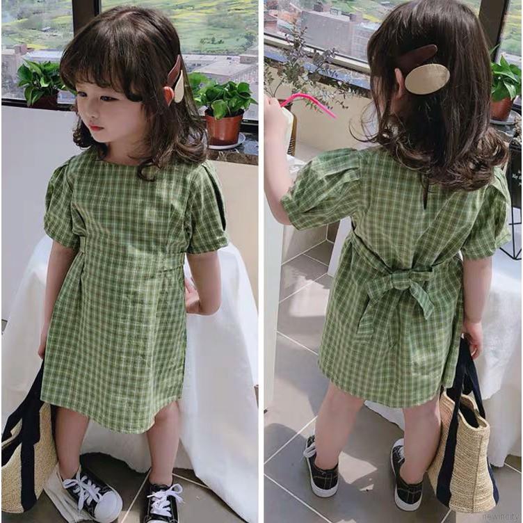 Đầm cotton tay ngắn in họa tiết caro cho bé gái