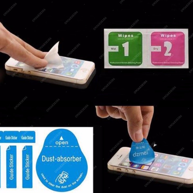 Bộ Vệ Sinh Màn Hình Gồm Khăn Giấy Lau Ướt Khô 1/2 Và Miếng Dán Sticker Hít Lấy Bụi Siêu Sạch Hỗ Trợ Dán Kính Cường Lực