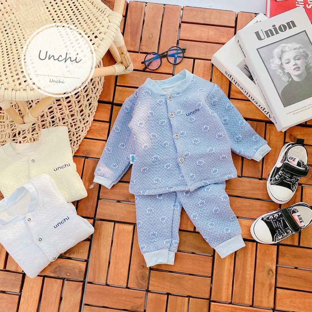 Bộ quần áo dài tay thu đông cúc giữa nỉ xốp trần bông dày cổ tàu Unchi cho bé (4-14kg)