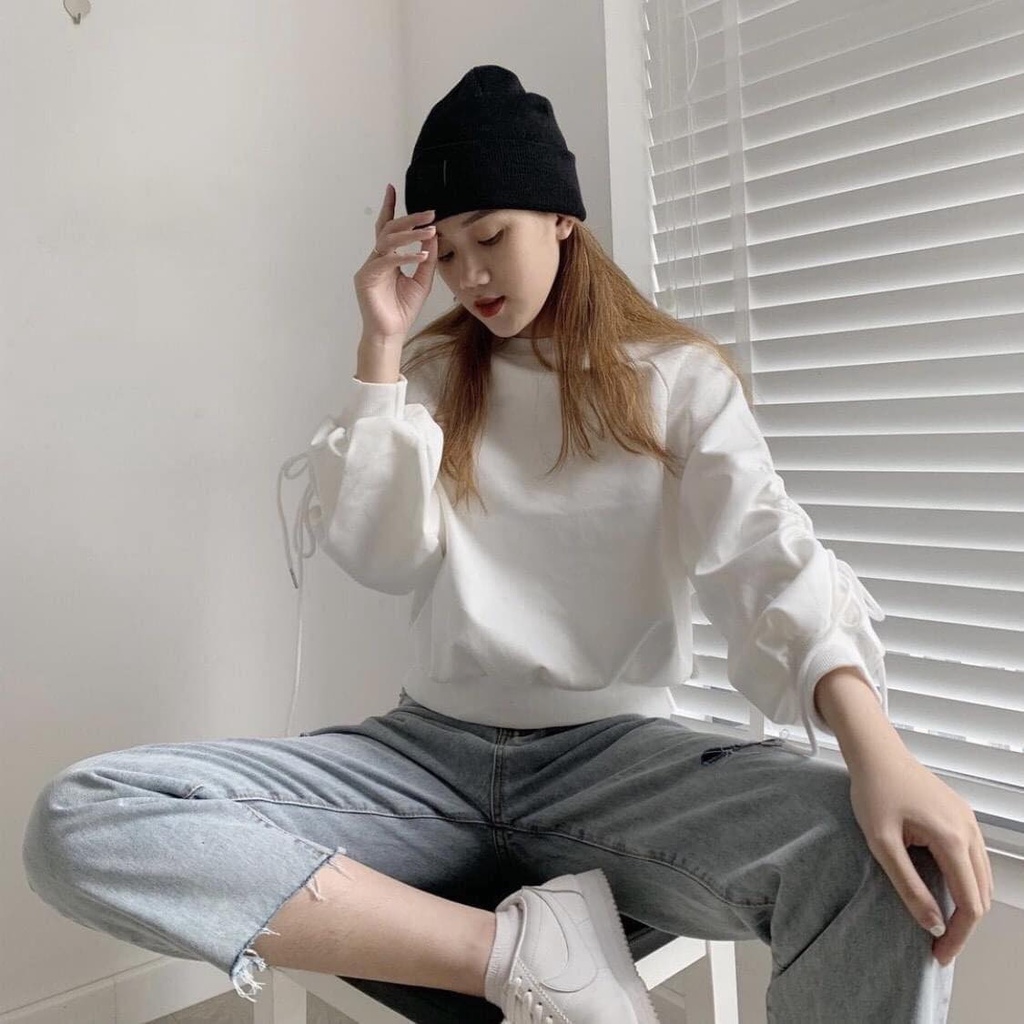 Áo nỉ sweater nữ tay bồng kiểu dây rút ulzzang chất nỉ nhung Quảng Châu [Nhiều màu ]- Áo kiểu nữ Kyubi Shop - ATK033