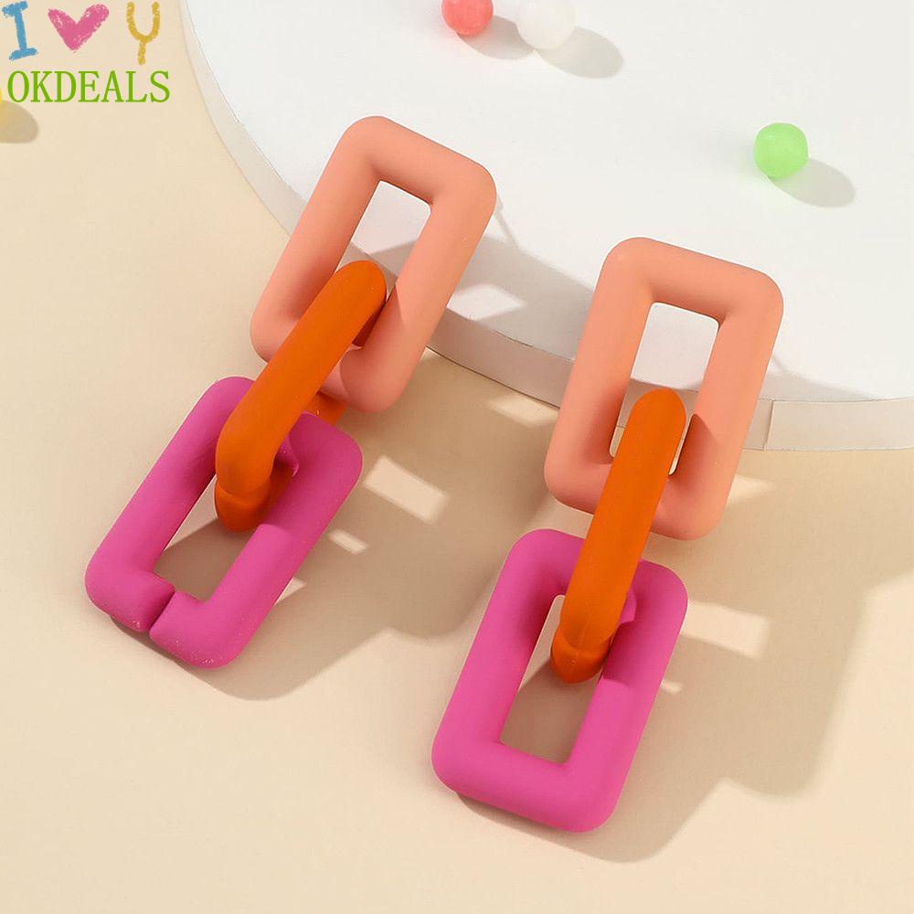 OKDEALS Exaggeration Chain Drop Earrings Woman Eardrop Big Dangler Candy Color Fashion Acrylic Simple Gift Jewelry/Multicolor