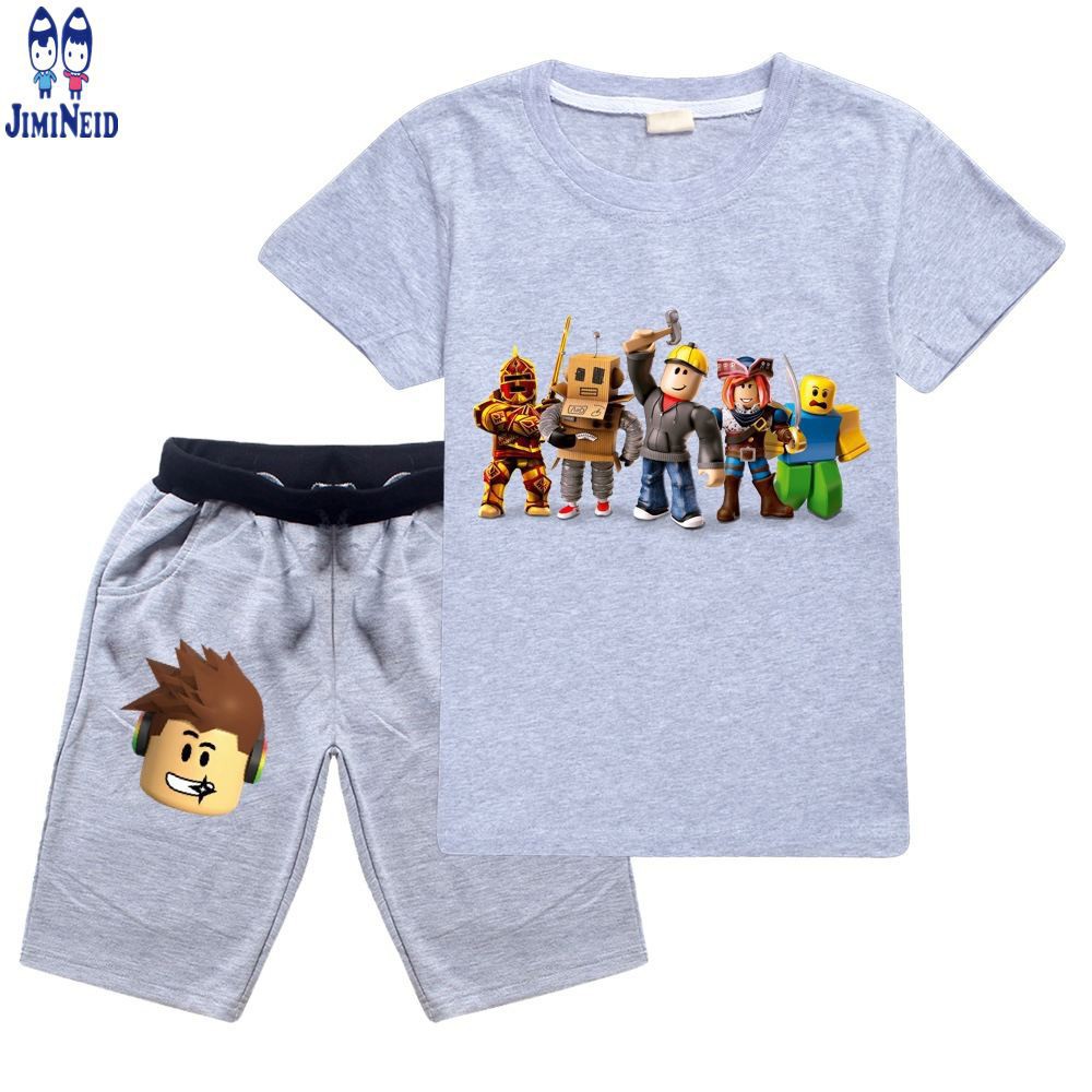 【JD】Spot  hot new big Boys Girl Clothes Sets Summer Roblox Short-sleeved cotton T-shirt + shorts 2-piece set