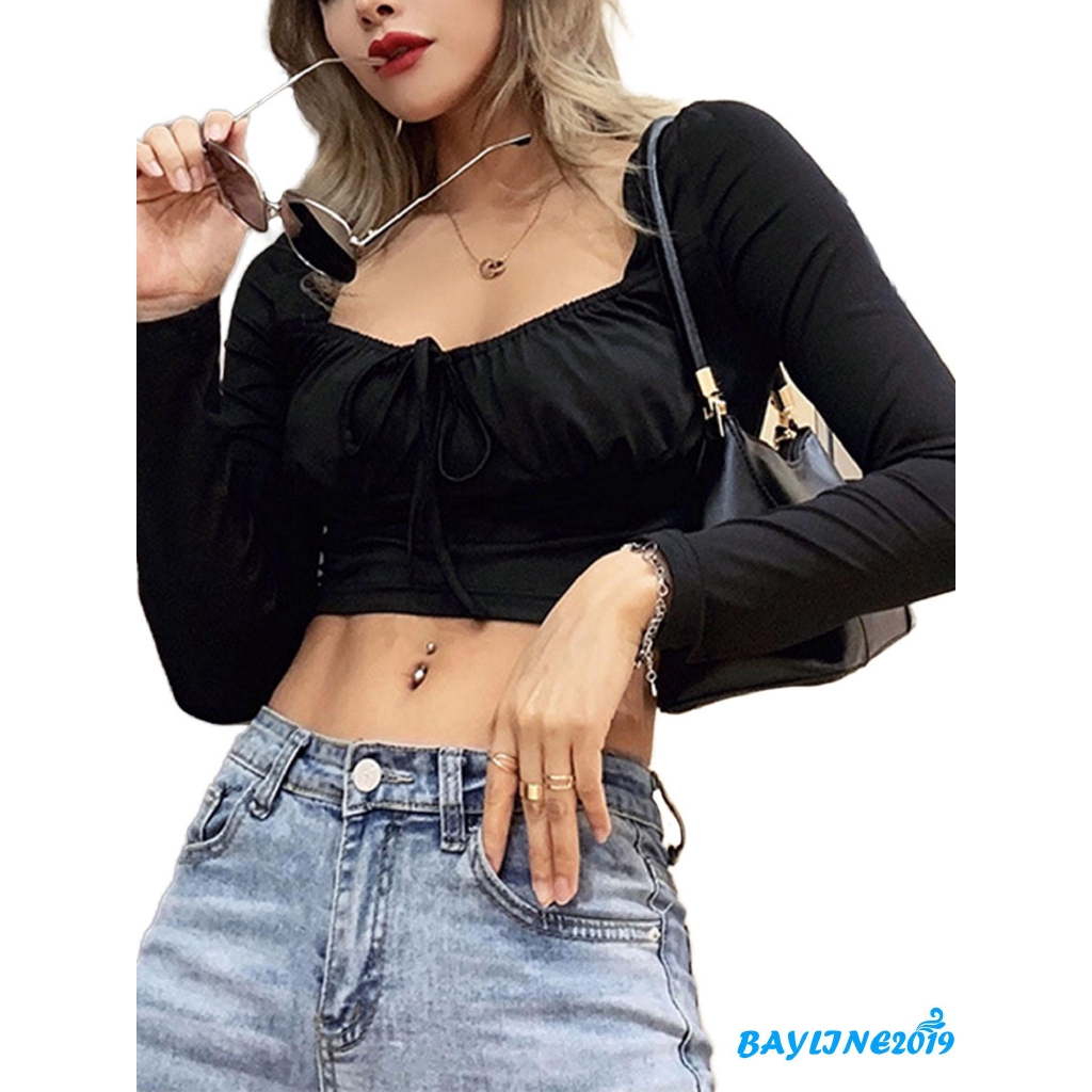 Áo croptop dài tay cổ vuông phong cách quyến rũ cho nữ