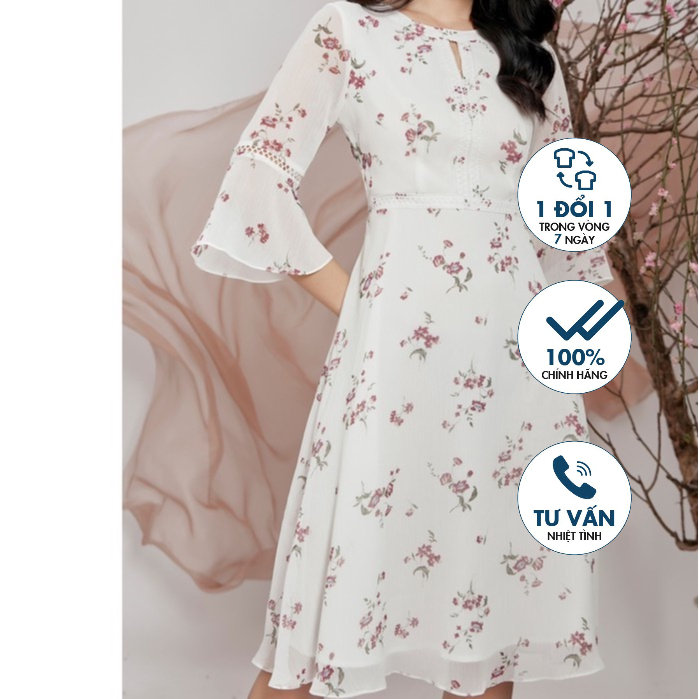 Đầm cổ tròn, tay lửng xòe Emspo DM3600 (Trắng, Tím than)