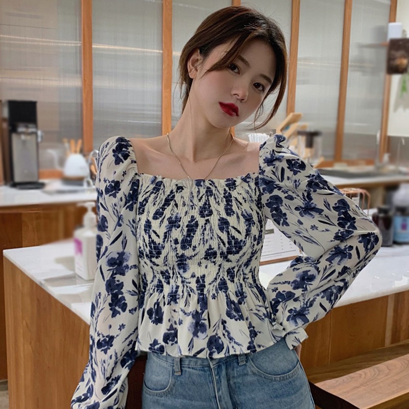 Áo Sơ Mi Chiffon Tay Dài Cổ Vuông In Hoa Ngọt Ngào Cho Nữ