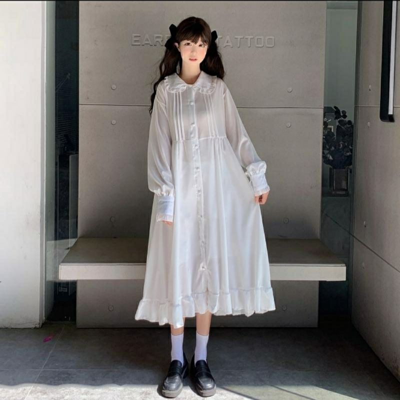 Váy babydoll trắng dáng dài cổ bẻ sen bánh bèo bigsize chất thô lụa mềm ,có quà tặng ,kho hàng chuyên đồ sỉ