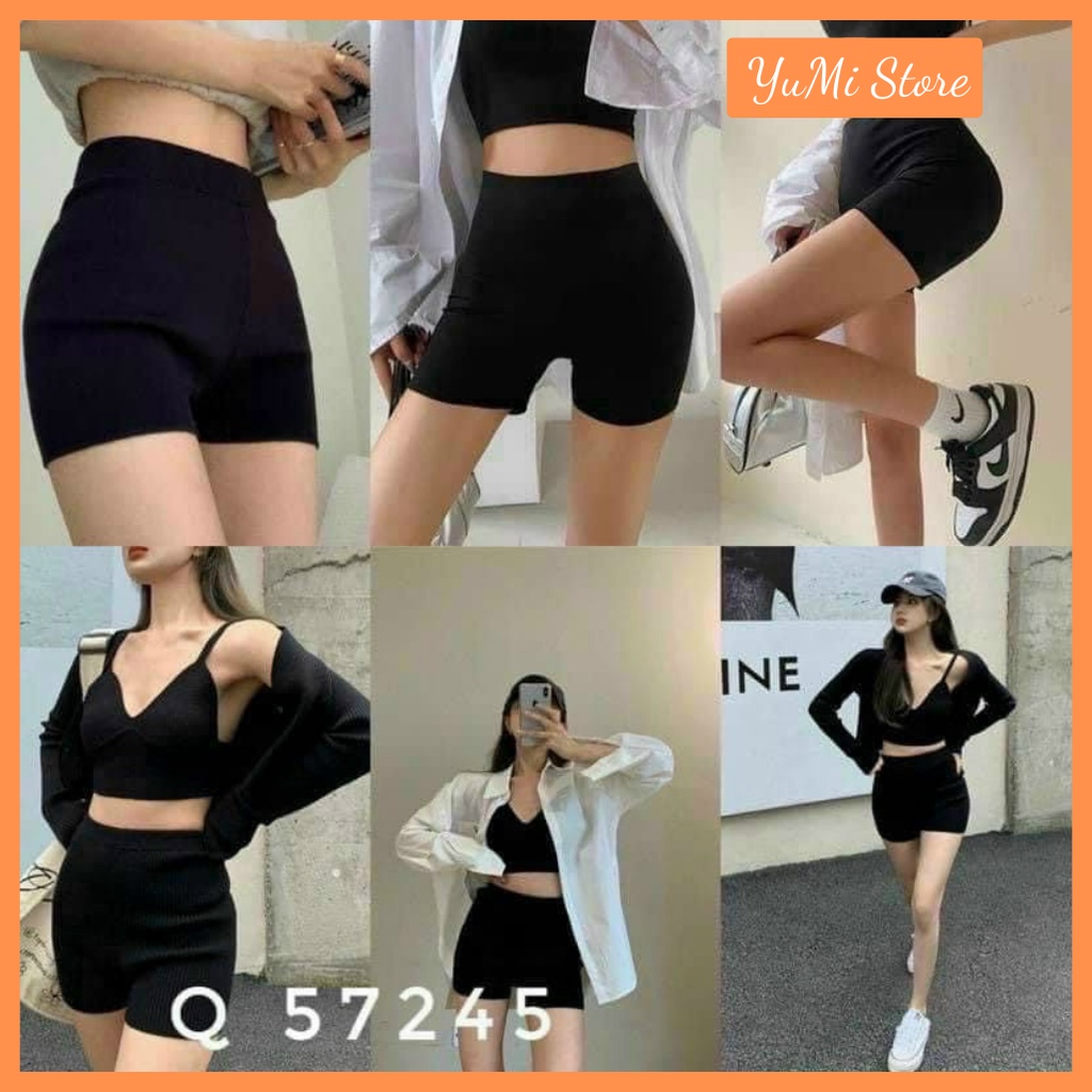 quần đùi nữ mặc nhà thể thao, quần sooc nữ tập gym vải thun màu đen YuMi official store Mã 46