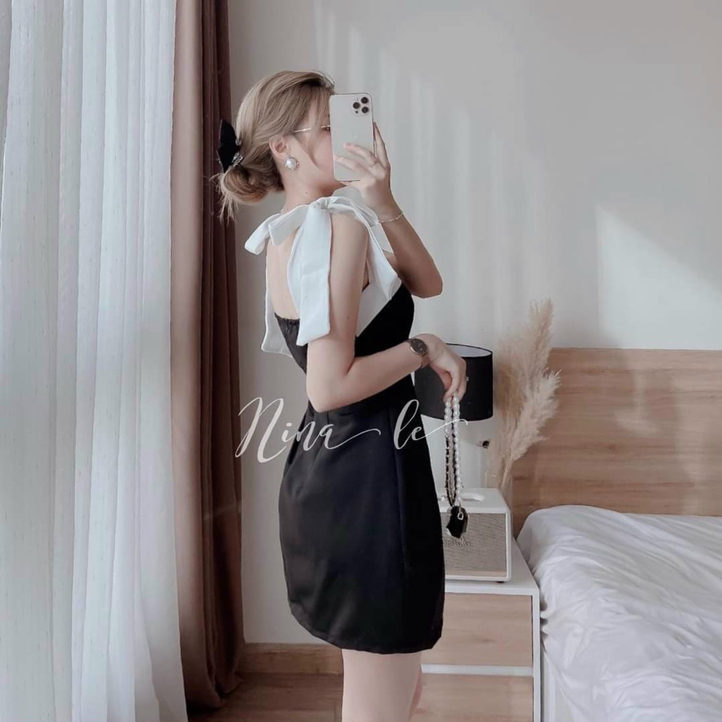 ĐẦM 2 DÂY NỮ CỘT NƠ VAI DÁNG XÒE PHỐI MÀU VIỀN DỄ THƯƠNG - THANH LỊCH