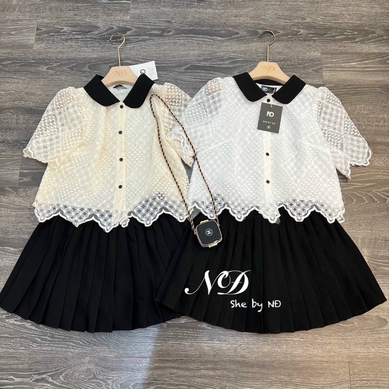 Set áo ren + chân váy xếp ly xoè