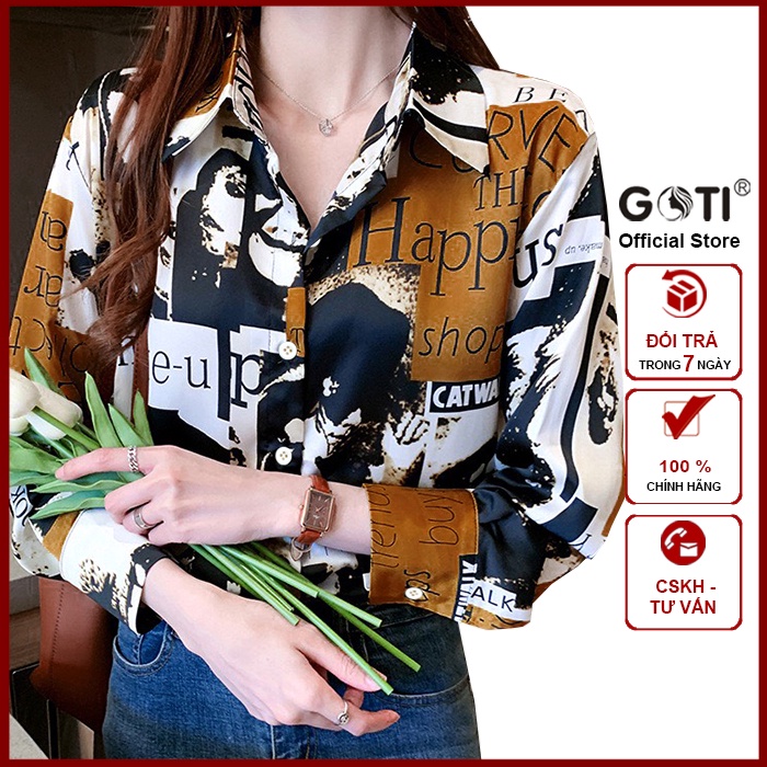 GOTI - Áo Sơ Mi Lụa Cổ Đức Công Sở Dáng Suông Rộng Bigsize Tay Dài 3A10