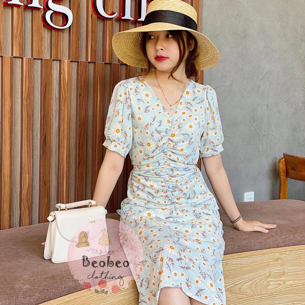 Đầm midi voan hoa cổ v nhúng thân thắt nơ vintage