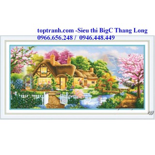 Tranh thêu chữ thập phong cảnh ngôi nhà hạnh phúc mùa xuân 88848 chưa thêu