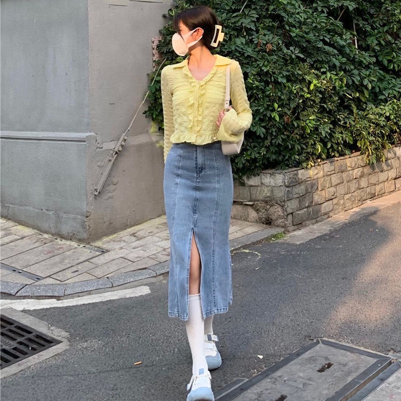Summer Korean version of the new ins high waist split fishtail denim skirt women