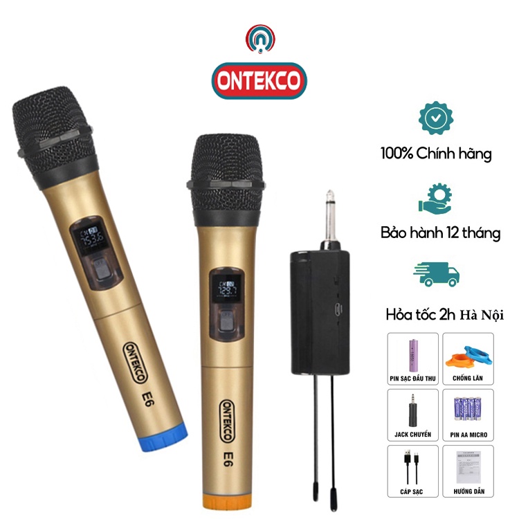 Bộ micro không dây ONTEKCO E6 đa năng phù hợp mọi loại loa và amply, chính hãng bh 12 tháng