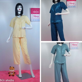 Bộ Lụa Ấn Thêu Trung Niên Và Lớn Tuổi , Loại Tay Ngắn , Quần Dài