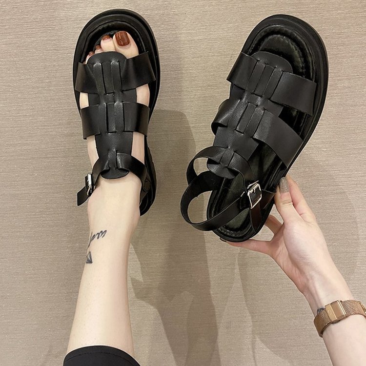 Fashion Round Head One Line Buckle Open Toe Middle Heel Flat Sandals for Women