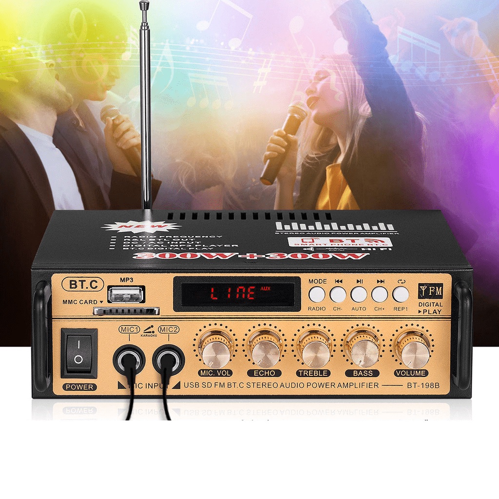 Amply mini bluetooth 12v/220v BT-198BB hàng chuẩn ,chuyên cân loa nghe nhạc, đánh chim đêm, bán hàng rong