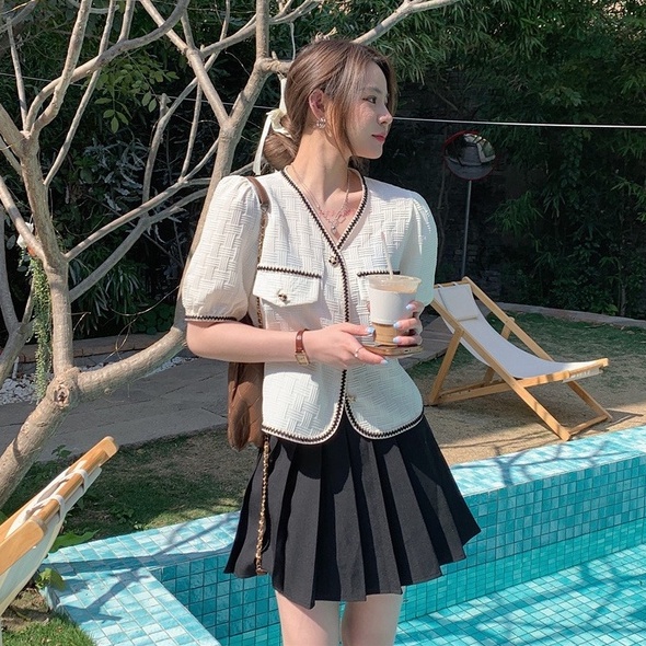 Áo dệt kim ZHELIHANGFEI tay ngắn cổ chữ V thời trang xinh xắn cho nữ