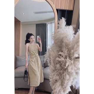 ⚡️bán sỉ⚡️đầm caro kẻ sát nách xoắn eo