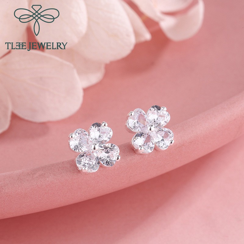 Bông tai bạc nữ TLEE bốn lá đính đá sang trọng TleeJewelry B0123