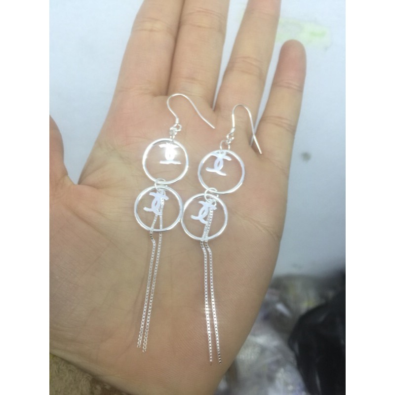 Khuyên tai móc thả tua rửa chữ C D phối đá sáng bạc ta chuẩn NGỌC MẬU